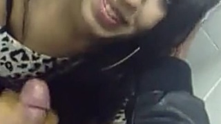 A woman performs oral sex and has sex with a man in a restroom