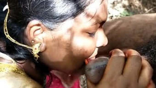 Indian wife in saree performs oral sex on her husband outdoors