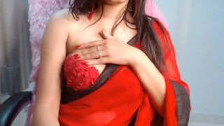 A stunning beauty in a red saree fondles her gorgeous breasts